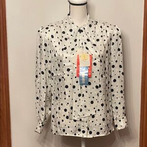 Vintage Leslie Fay Navy and White Polka Dot Top